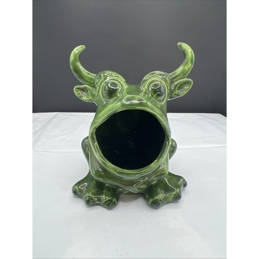 Vintage 1970s Ceramic Horned Monster Frog Open Mouth Sponge Holder Caddy FE